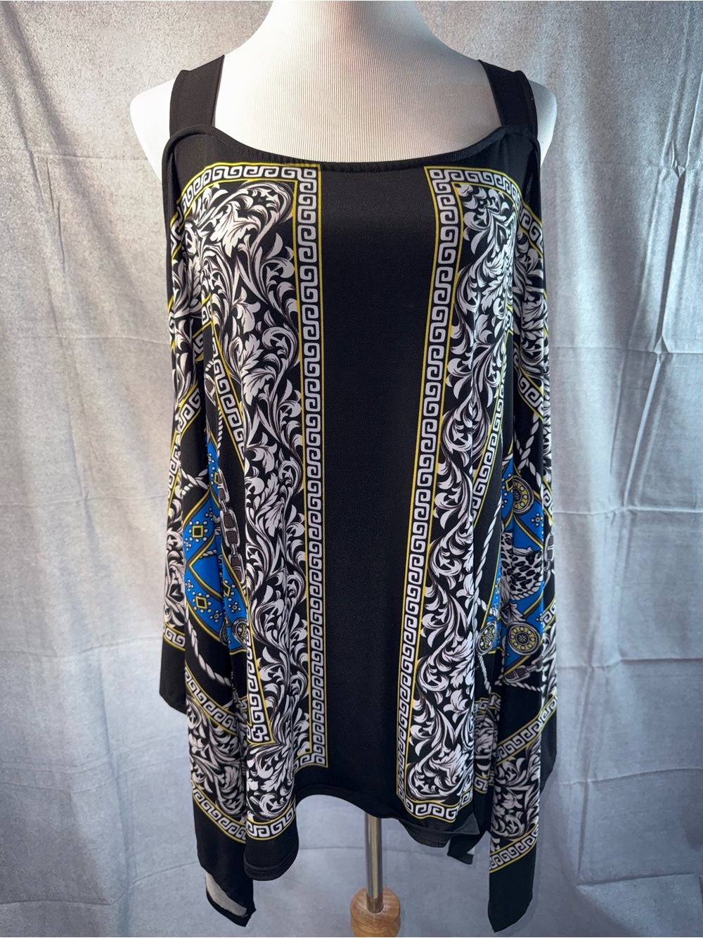 1734-Ashley Stewart Black Baroque Print Cold-Shoulder Top w/Blue and Gold Accent